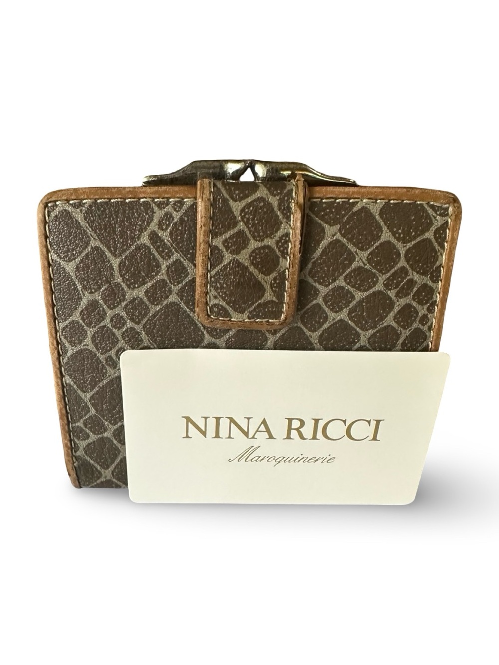 Vintage Nina Ricci Maroquinerie Patterned Compact Wallet with Clasp - Brown/Tan
